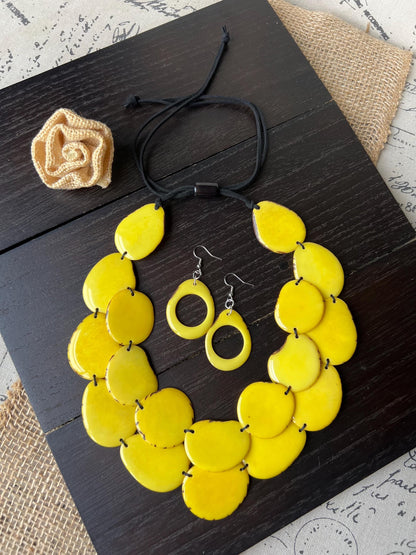 Yellow statement necklace and earrings set Tagua jewelry Fall fashion 2025 Big bold chunky necklaces Multi layer necklace Mothers day gift