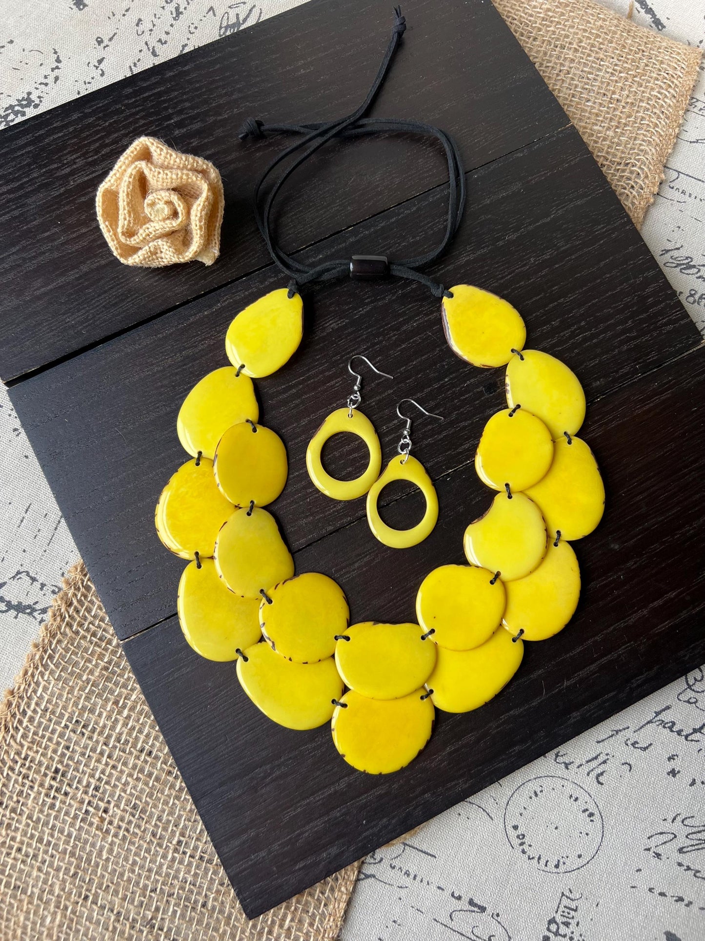 Yellow statement necklace and earrings set Tagua jewelry Fall fashion 2025 Big bold chunky necklaces Multi layer necklace Mothers day gift