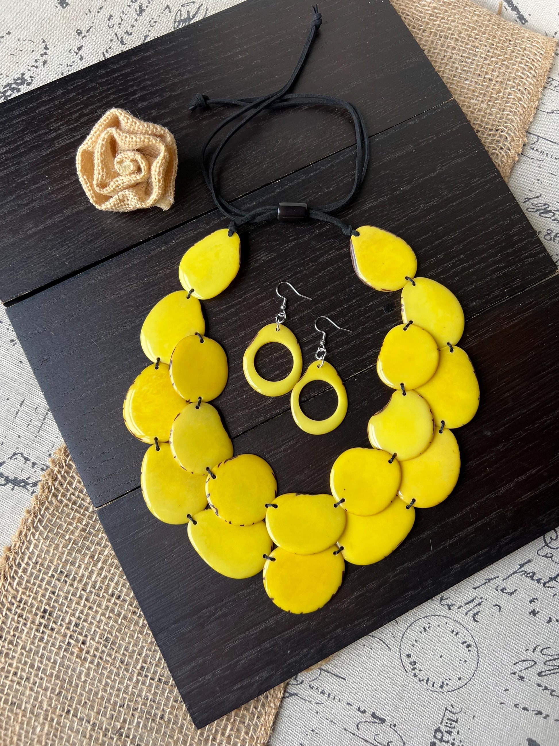 Yellow statement necklace and earrings set Tagua jewelry Fall fashion 2025 Big bold chunky necklaces Multi layer necklace Mothers day gift