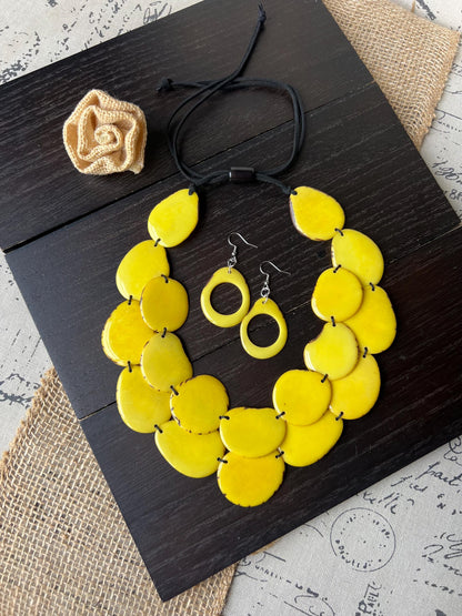 Yellow statement necklace and earrings set Tagua jewelry Fall fashion 2025 Big bold chunky necklaces Multi layer necklace Mothers day gift