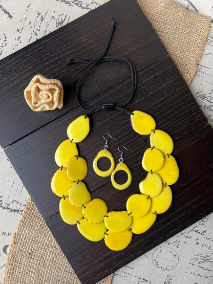 Yellow statement necklace and earrings set Tagua jewelry Fall fashion 2025 Big bold chunky necklaces Multi layer necklace Mothers day gift