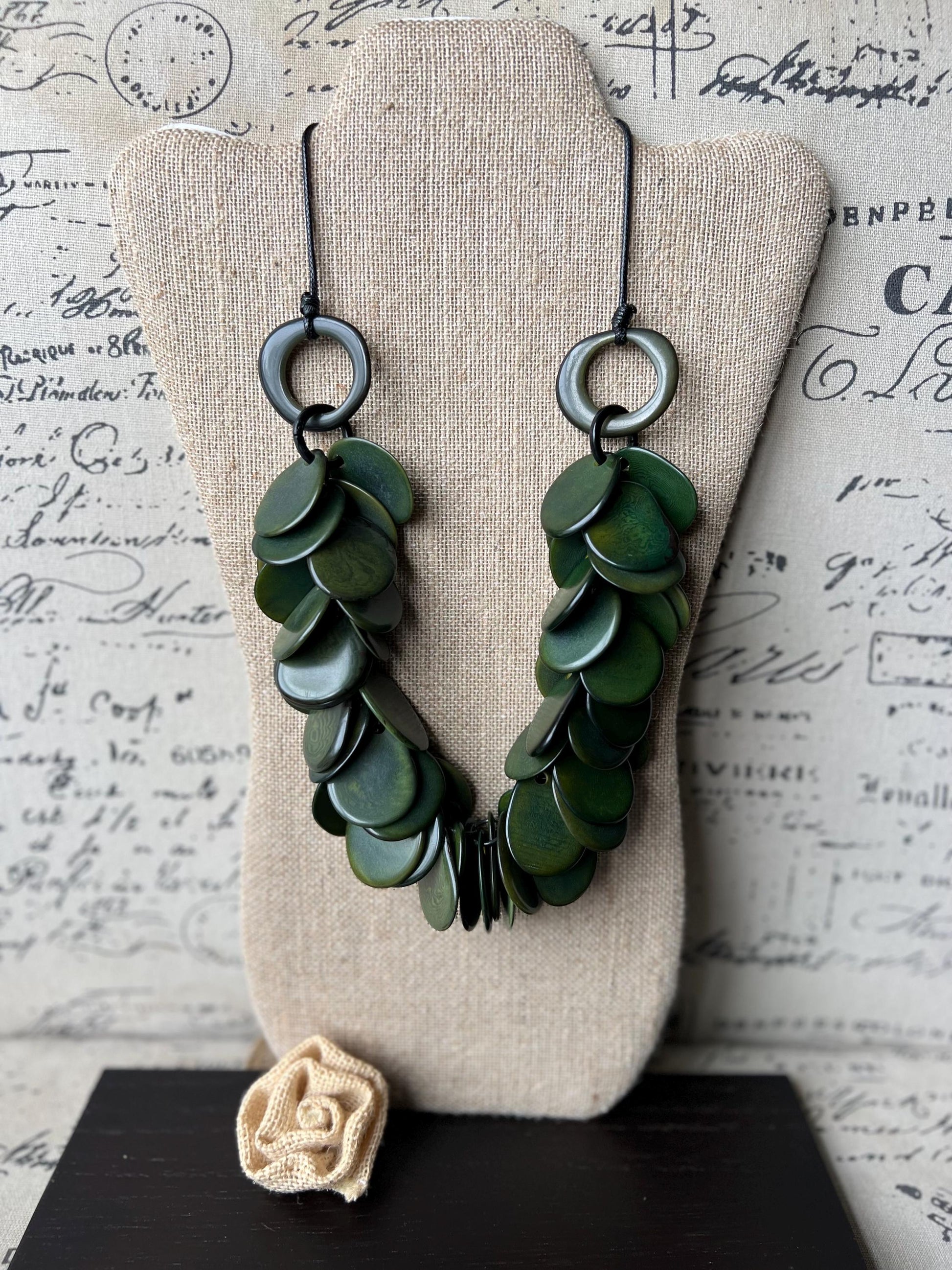 Dark green statement necklace Tagua nut necklace Adjustable cord Mothers day gifts Handmade beaded necklace Big bold necklace Art to wear