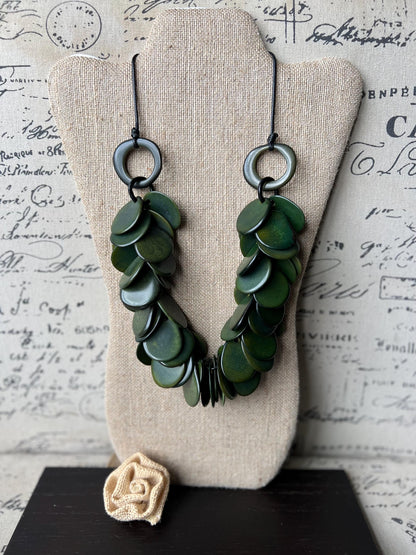 Dark green statement necklace Tagua nut necklace Adjustable cord Mothers day gifts Handmade beaded necklace Big bold necklace Art to wear