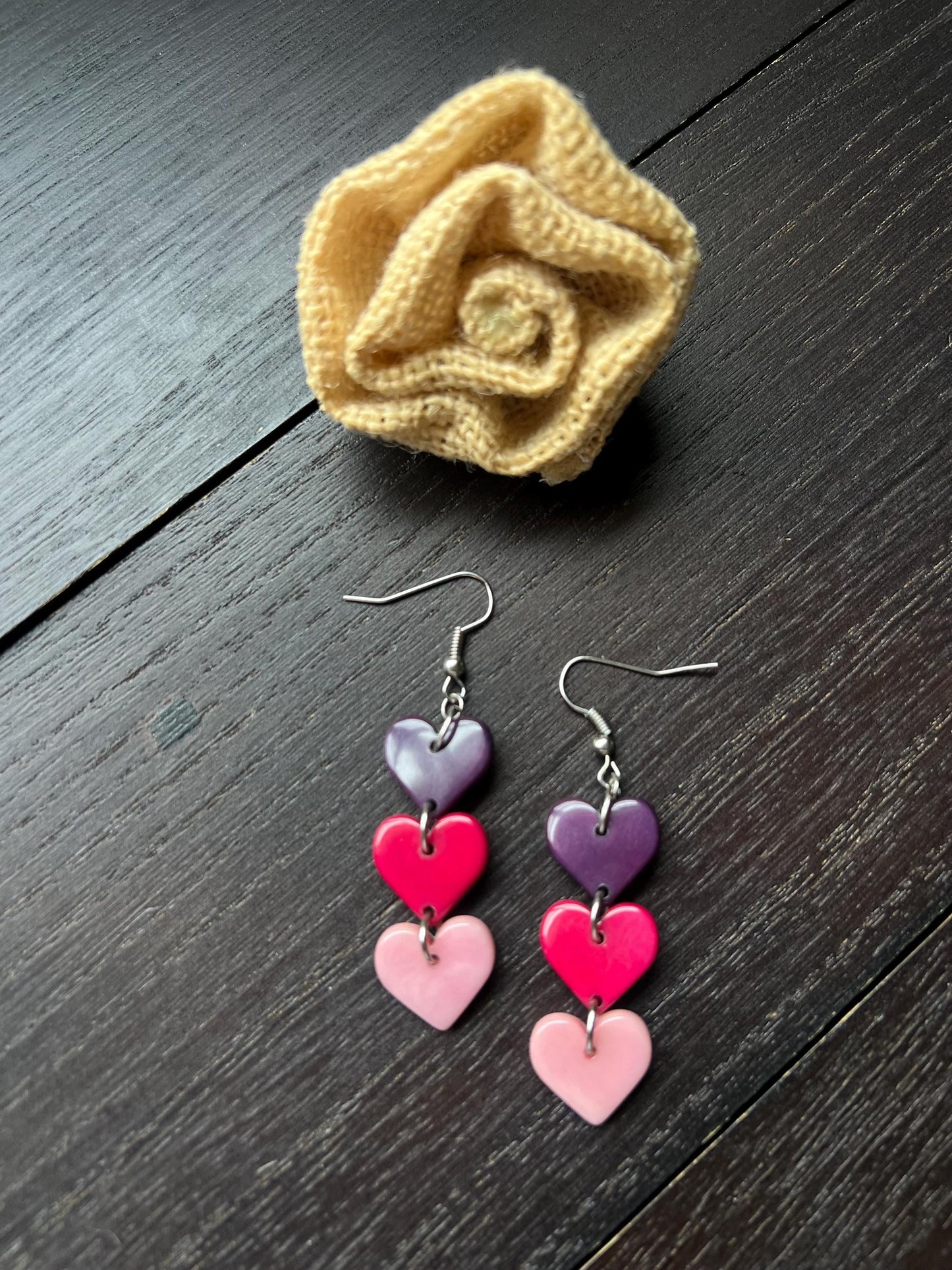 Pink and purple earrings Heart earrings Dangle and drop earrings Waterfall earrings Art to wear Tagua jewelry I love you earrings Beach wear