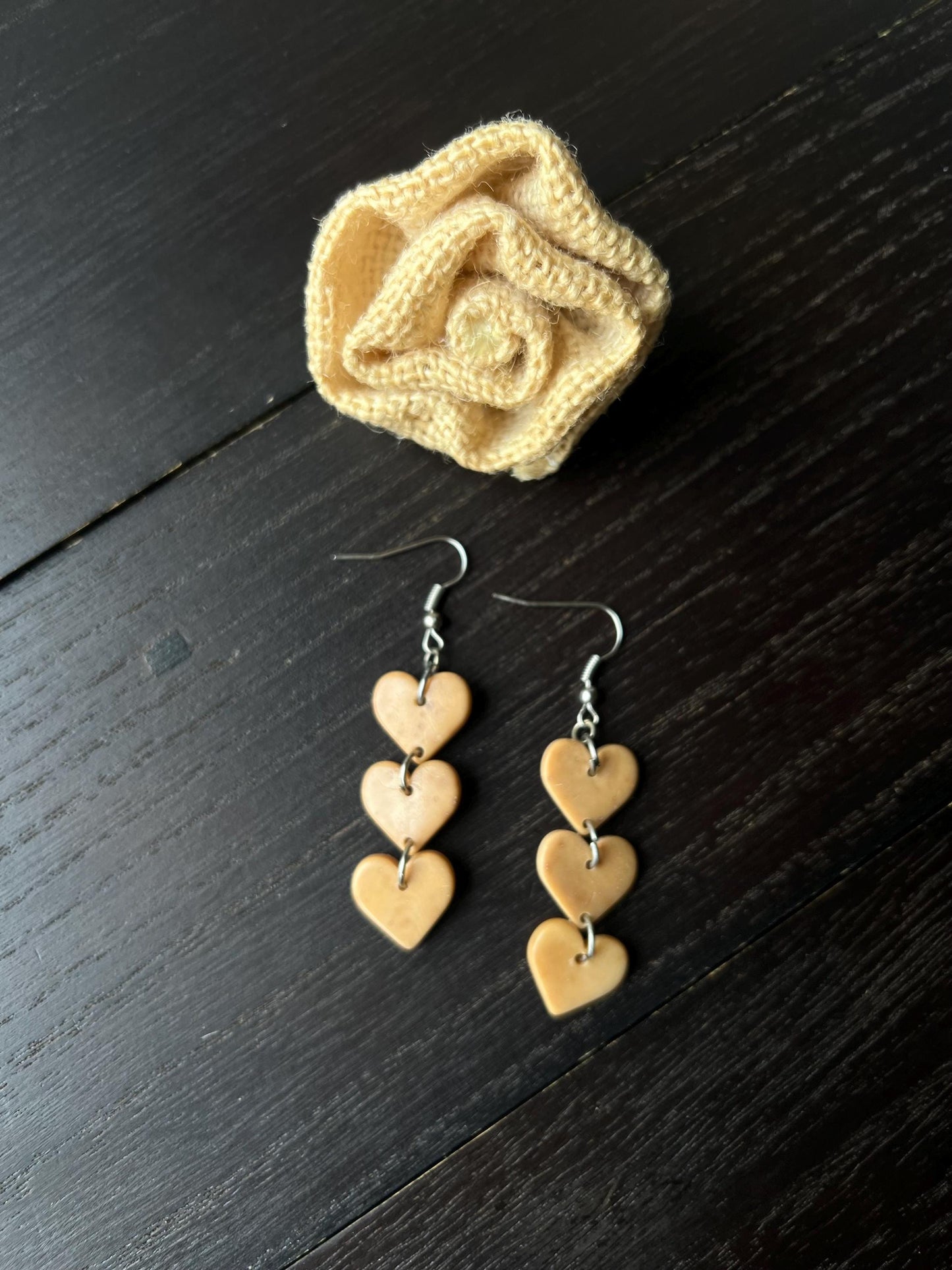 Beige heart earrings Statement drop earrings Fall fashion I love you jewelry Tagua nut jewelry Wearable art Hypoallergenic earrings