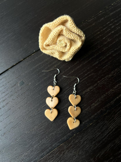 Beige heart earrings Statement drop earrings Fall fashion I love you jewelry Tagua nut jewelry Wearable art Hypoallergenic earrings