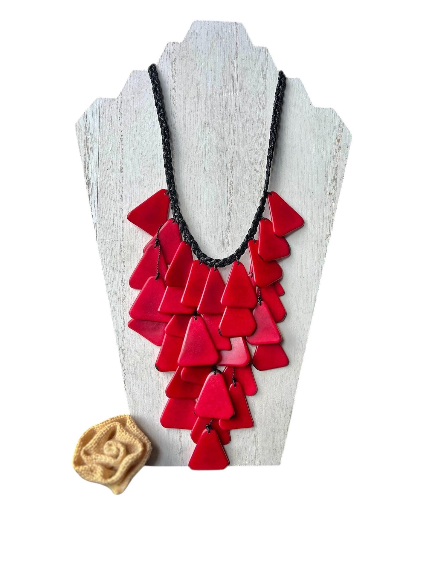 Red statement necklace Tagua jewelry Artsy gifts Big bold chunky necklace Cascade necklace Wearable art Waterfall necklace Art to wear