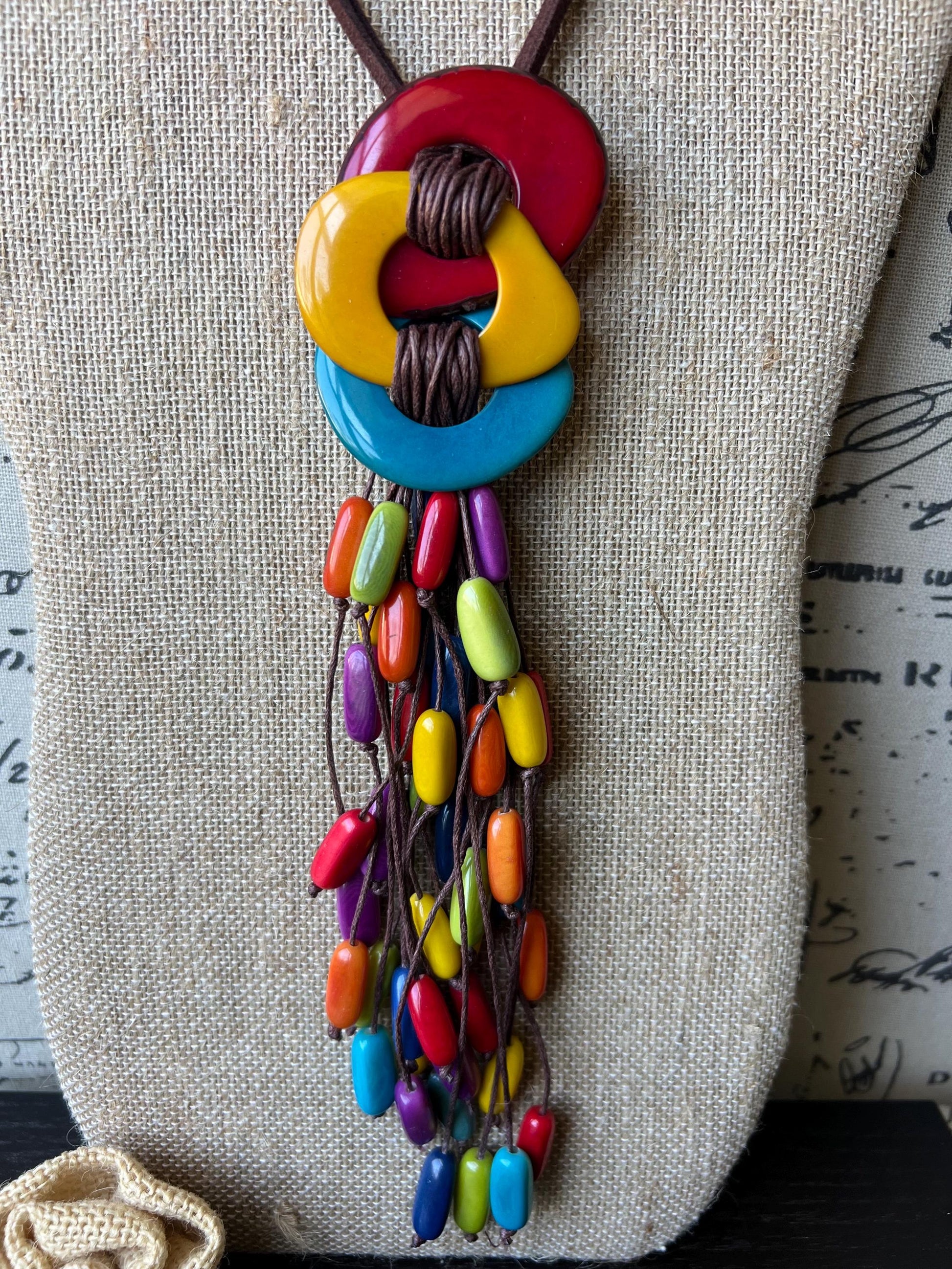 Multi color statement necklace Mothers day gifts Macrame fringe necklace Tagua necklace Funky jewelry Pride jewelry Rainbow beaded necklace