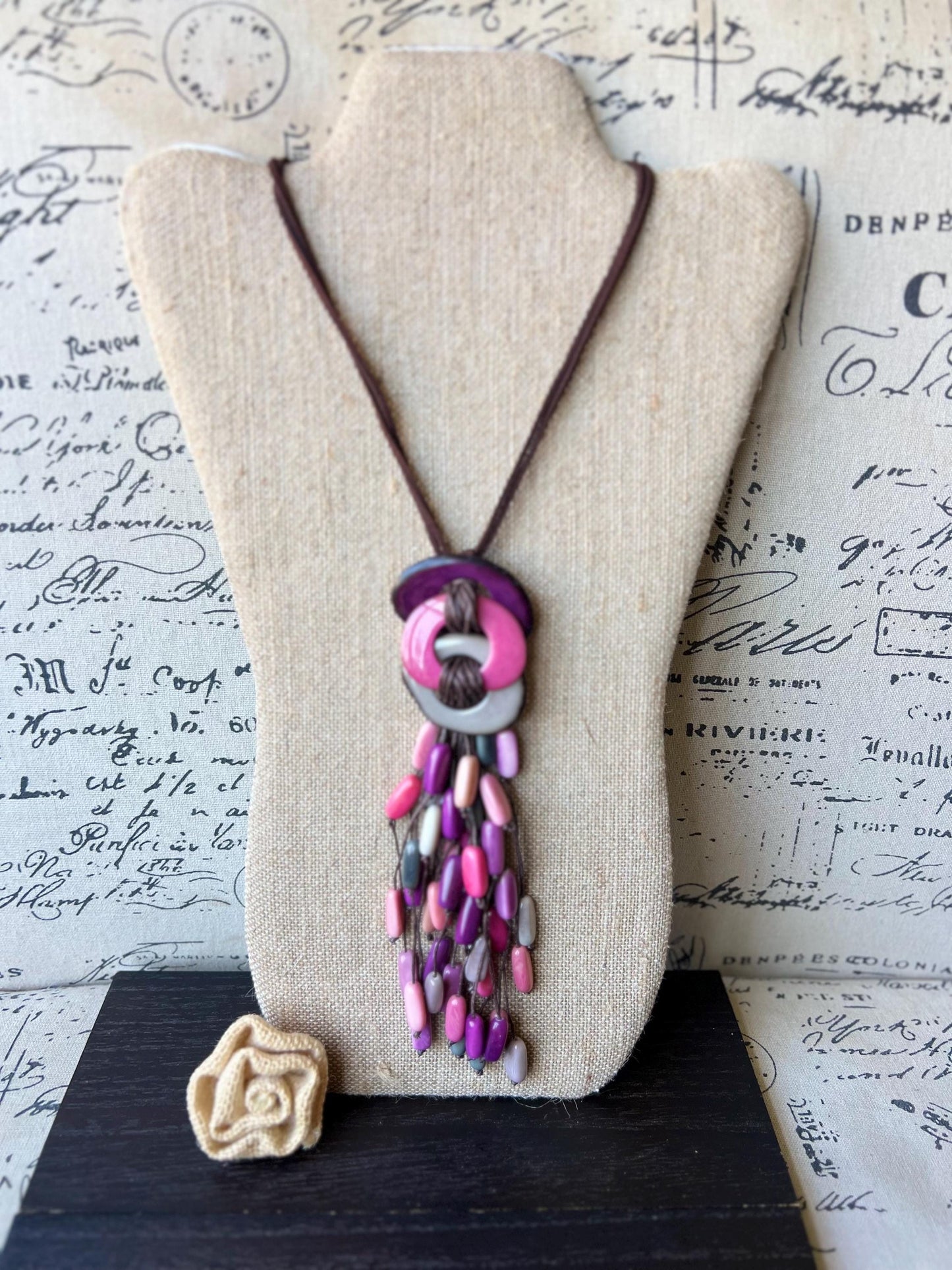 Pink purple and gray statement necklace Artsy necklaces for woman Tagua necklace Adjustable cord Art to wear Fall fashion 2025 Wearable art