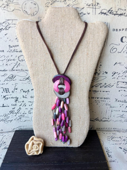 Pink purple and gray statement necklace Artsy necklaces for woman Tagua necklace Adjustable cord Art to wear Fall fashion 2025 Wearable art