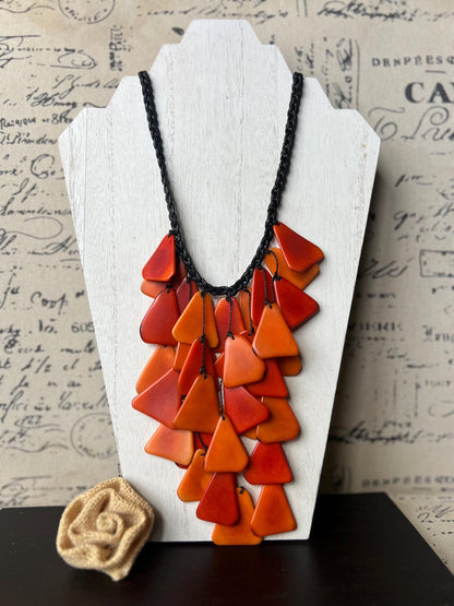 Orange statement necklace Tagua jewelry Fall fashion Big bold necklace Adjustable cord Summer trends Waterfall necklace Wearable art