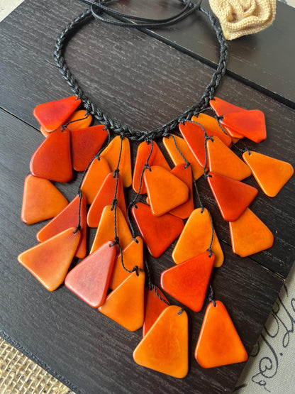 Orange statement necklace Tagua jewelry Mothers day gifts Big bold necklace Adjustable cord Spring fashion Waterfall necklace Wearable art