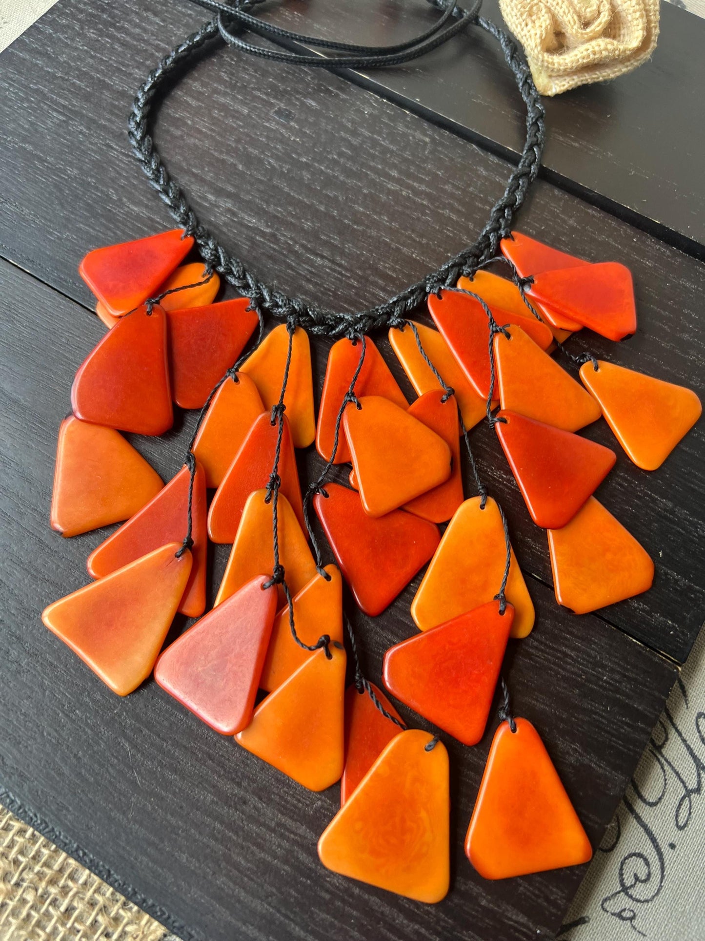 Orange statement necklace Tagua jewelry Fall fashion Big bold necklace Adjustable cord Summer trends Waterfall necklace Wearable art