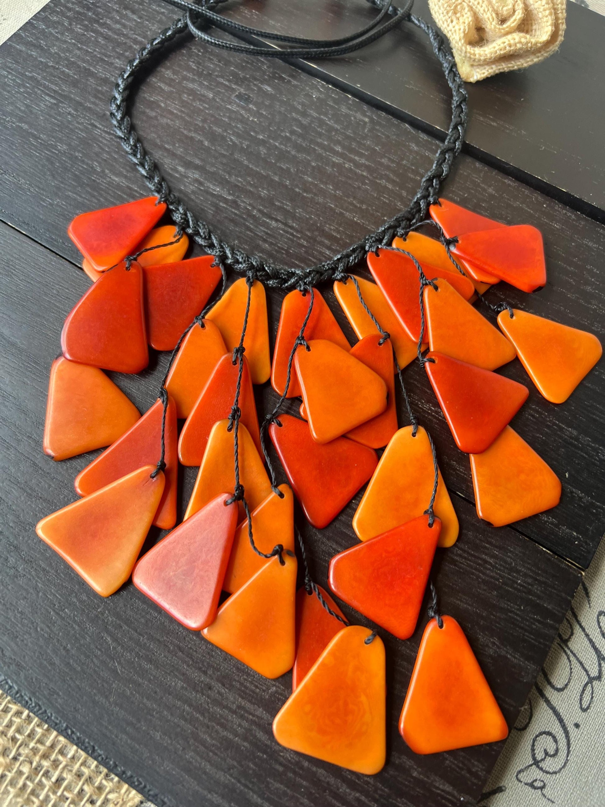 Orange statement necklace Tagua jewelry Fall fashion Big bold necklace Adjustable cord Summer trends Waterfall necklace Wearable art