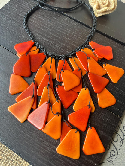 Orange statement necklace Tagua jewelry Fall fashion Big bold necklace Adjustable cord Summer trends Waterfall necklace Wearable art
