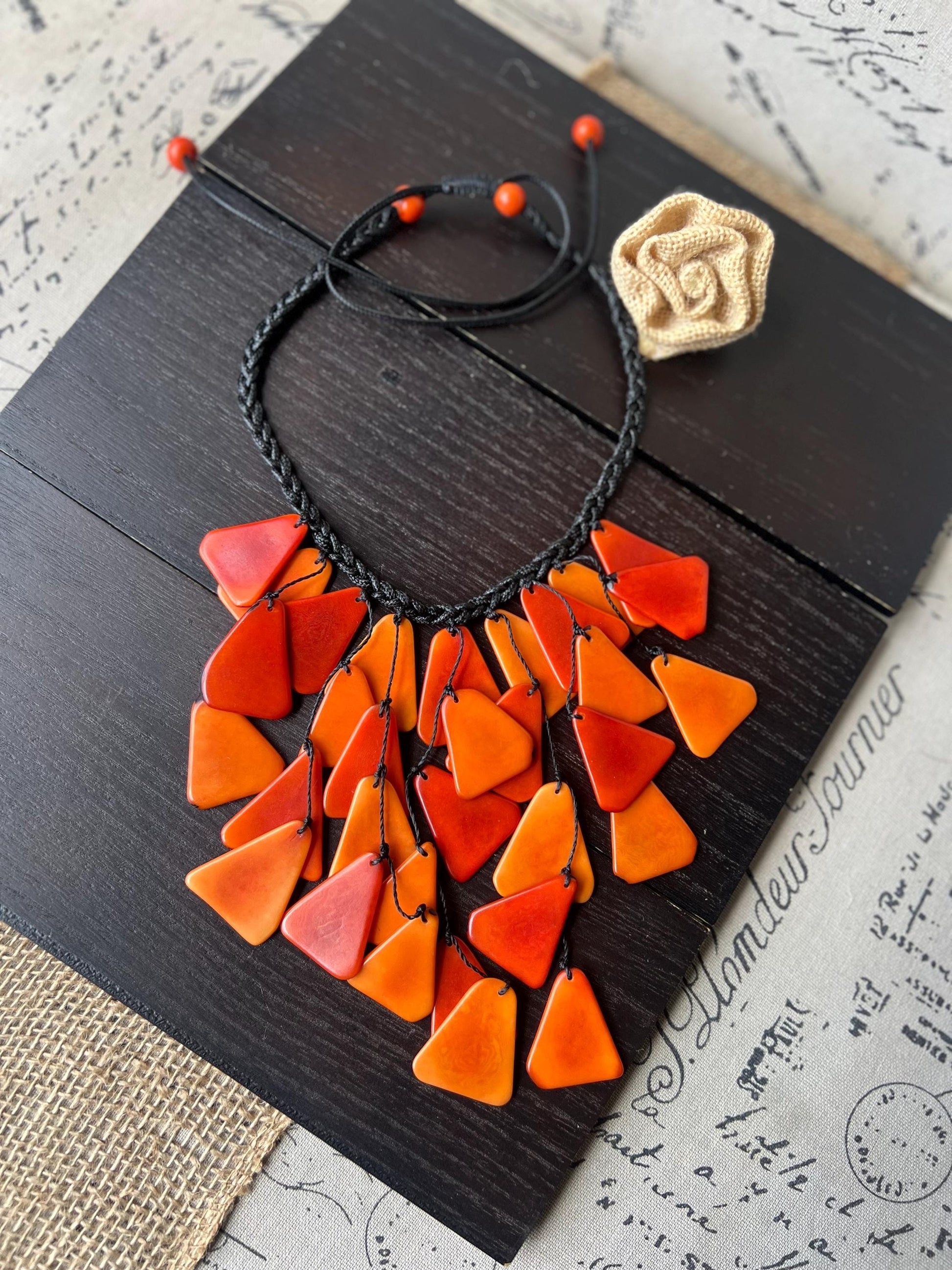 Orange statement necklace Tagua jewelry Fall fashion Big bold necklace Adjustable cord Summer trends Waterfall necklace Wearable art