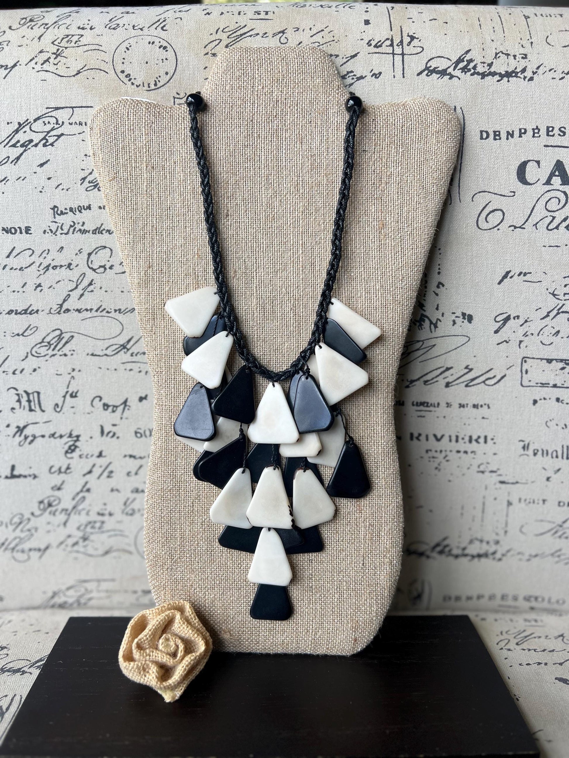 Black and white statement necklace Artsy gifts Tagua jewelry Spring fashion trends Artsy gifts Waterfall necklace Big bold necklace