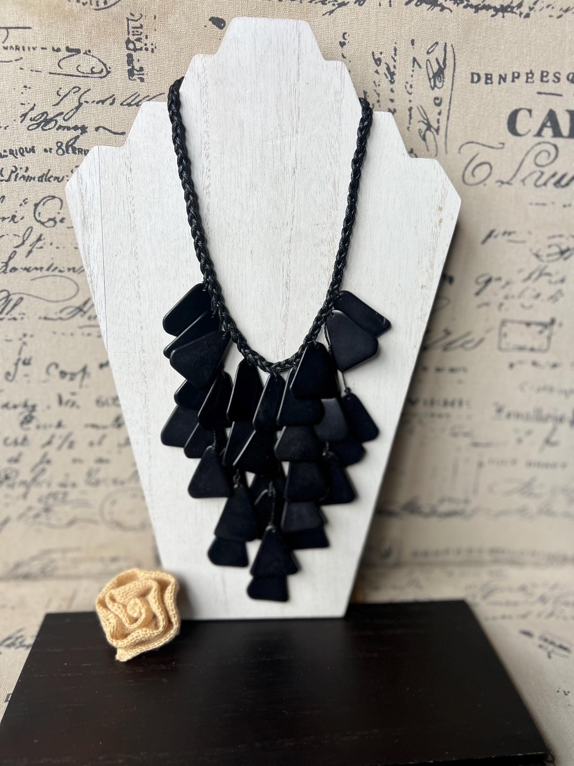 Black statement necklace Waterfall necklace Adjustable cord Wearable art Mothers day gifts Tagua jewelry Big bold necklace Spring fashion