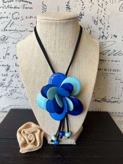 Blue flower pendant necklace Tagua jewelry Floral pendant necklace Mothers day gifts Wearable art Adjustable cord Rose beaded necklace