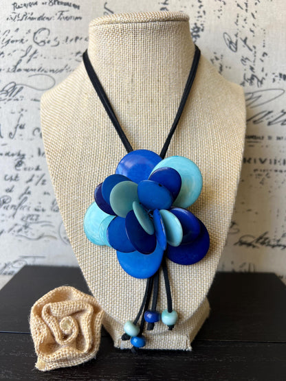 Blue flower pendant necklace Tagua jewelry Floral pendant necklace Mothers day gifts Wearable art Adjustable cord Rose beaded necklace