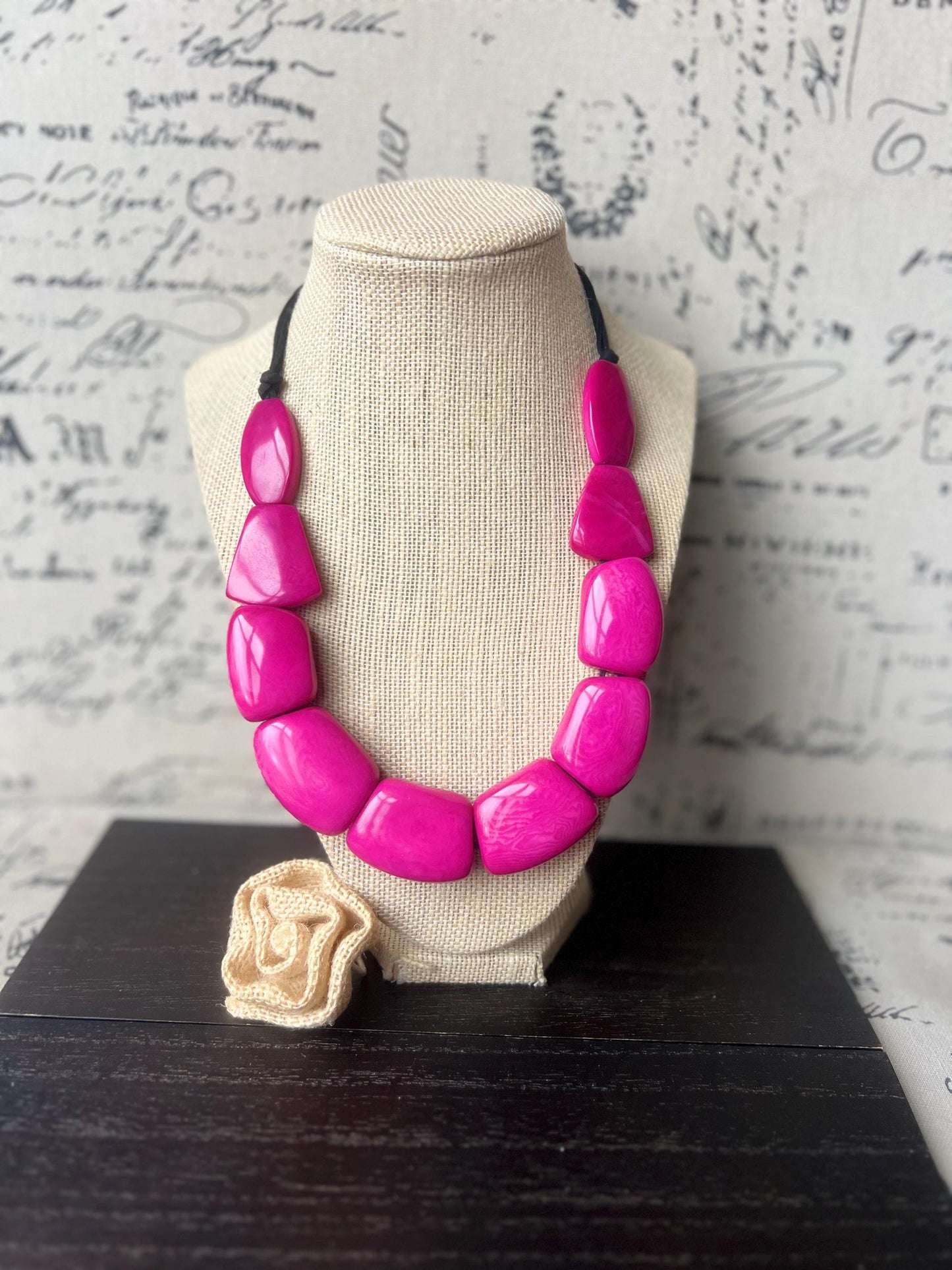 Hot pink statement necklace Adjustable cord Tagua jewelry Fall fashion 2025 Wearable art Big beaded necklace Chunky necklace aesthetic