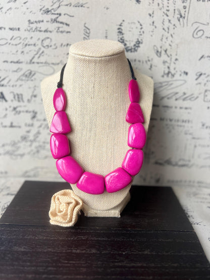 Hot pink statement necklace Adjustable cord Tagua jewelry Fall fashion 2025 Wearable art Big beaded necklace Chunky necklace aesthetic