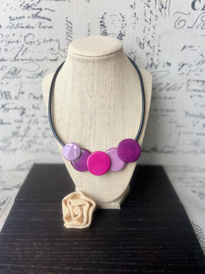 Purple necklace.
Tagua nut jewelry.
Statement beaded necklace.