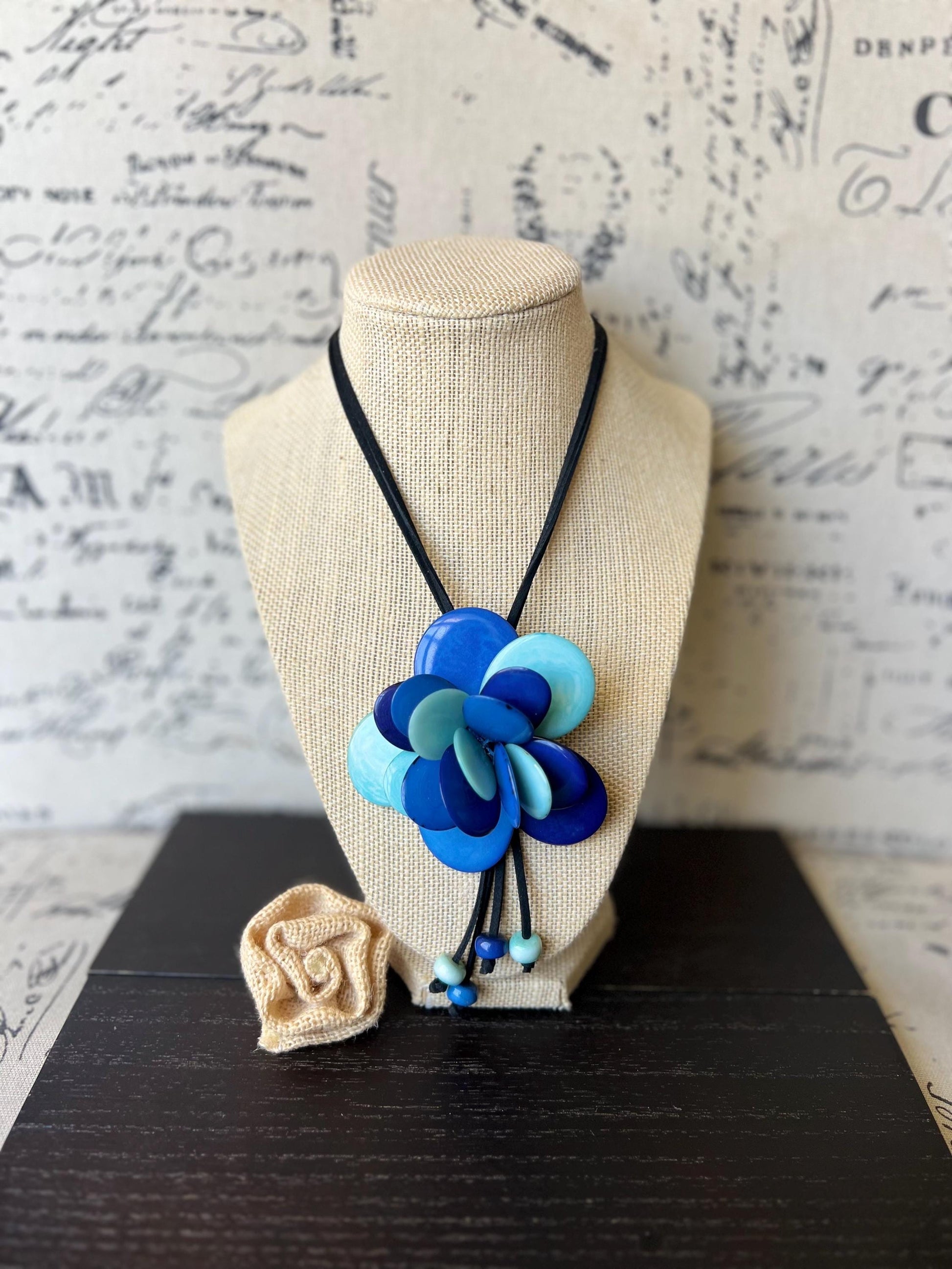 Blue flower pendant necklace Tagua jewelry Floral pendant necklace Mothers day gifts Wearable art Adjustable cord Rose beaded necklace