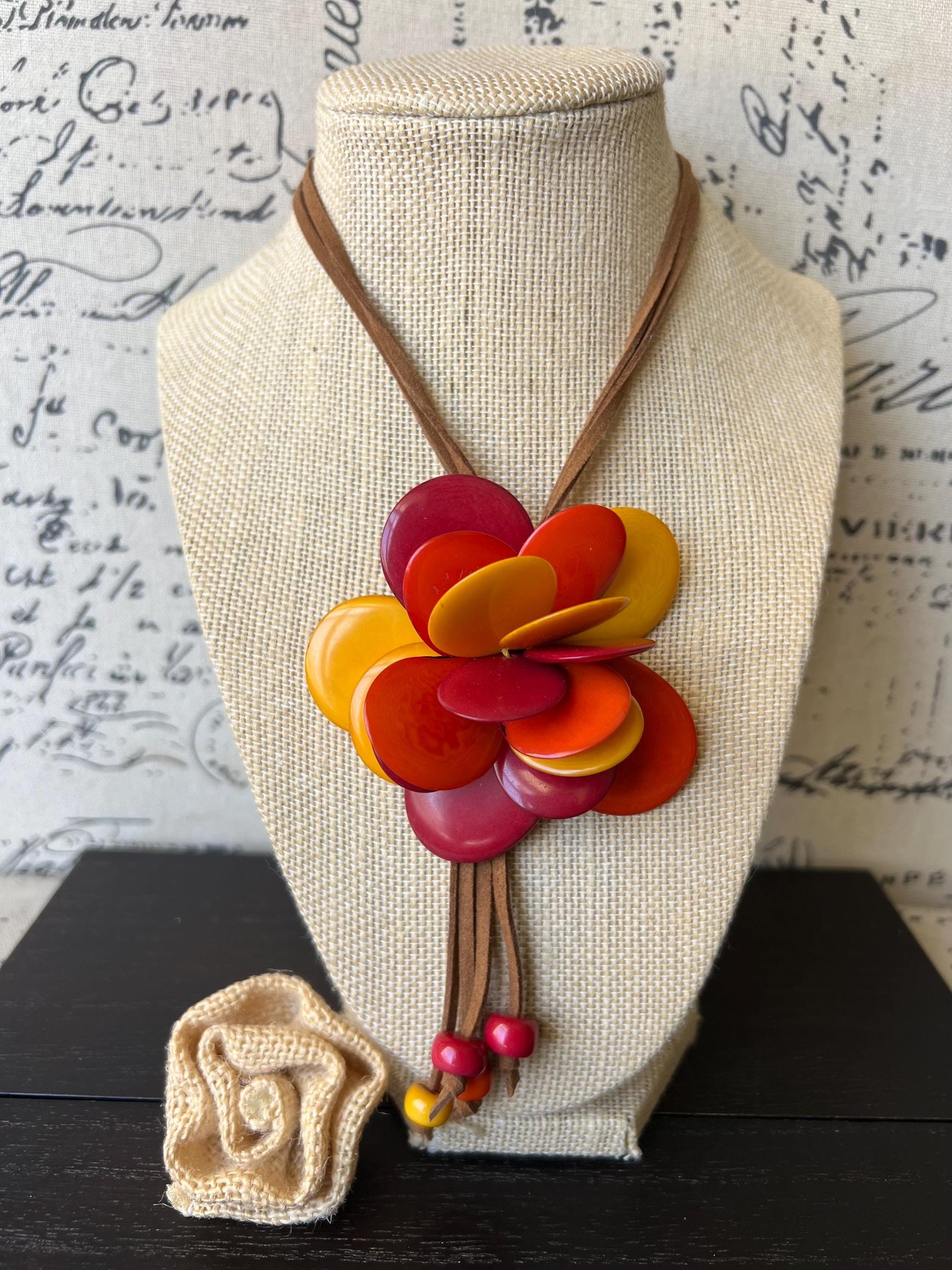 Red orange yellow flower pendant necklace Tagua jewelry Fall fashion Fashionable gifts Statement pendant necklace Handmade beaded rose