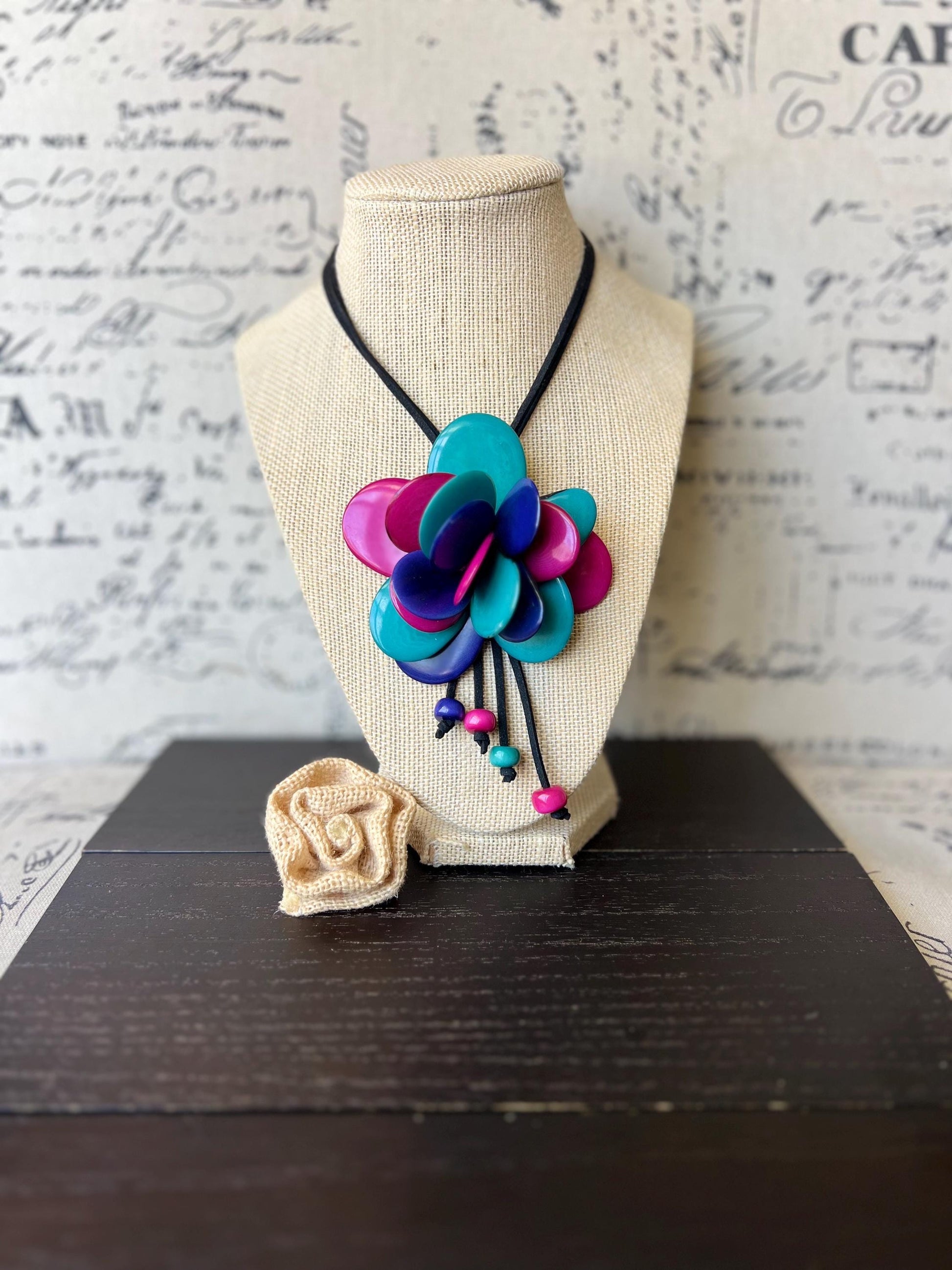 Multi color flower pendant necklace Pendant necklaces Pink and blue floral pendant necklace Tagua jewelry Fall fashion Beach trends