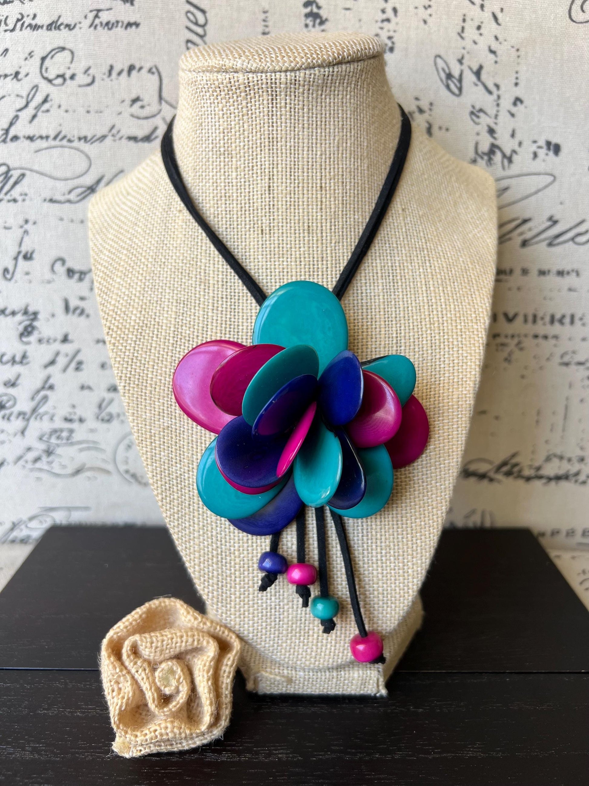 Multi color flower pendant necklace Pendant necklaces Pink and blue floral pendant necklace Tagua jewelry Fall fashion Beach trends