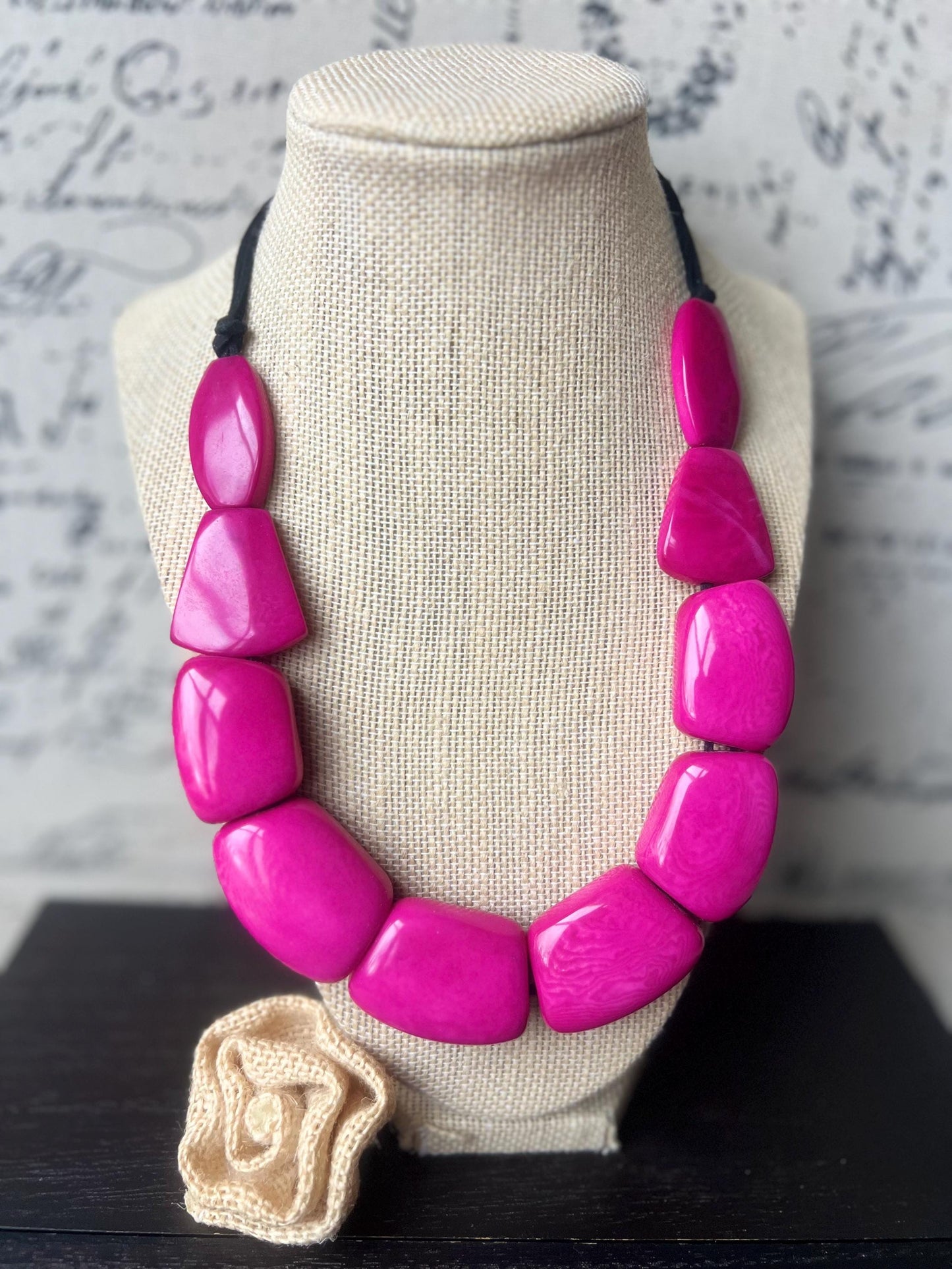 Hot pink statement necklace Adjustable cord Tagua jewelry Fall fashion 2025 Wearable art Big beaded necklace Chunky necklace aesthetic