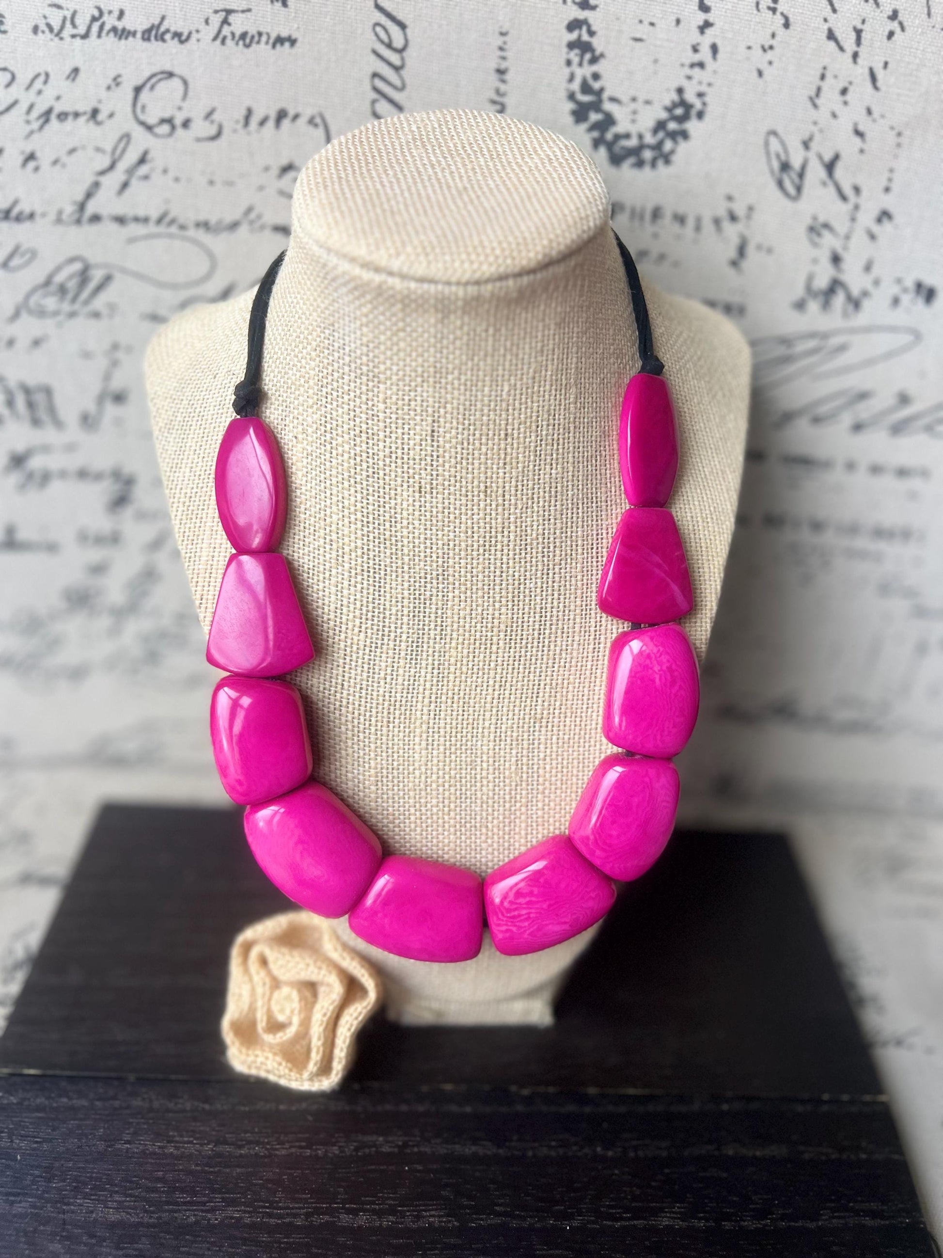 Hot pink statement necklace Adjustable cord Tagua jewelry Fall fashion 2025 Wearable art Big beaded necklace Chunky necklace aesthetic