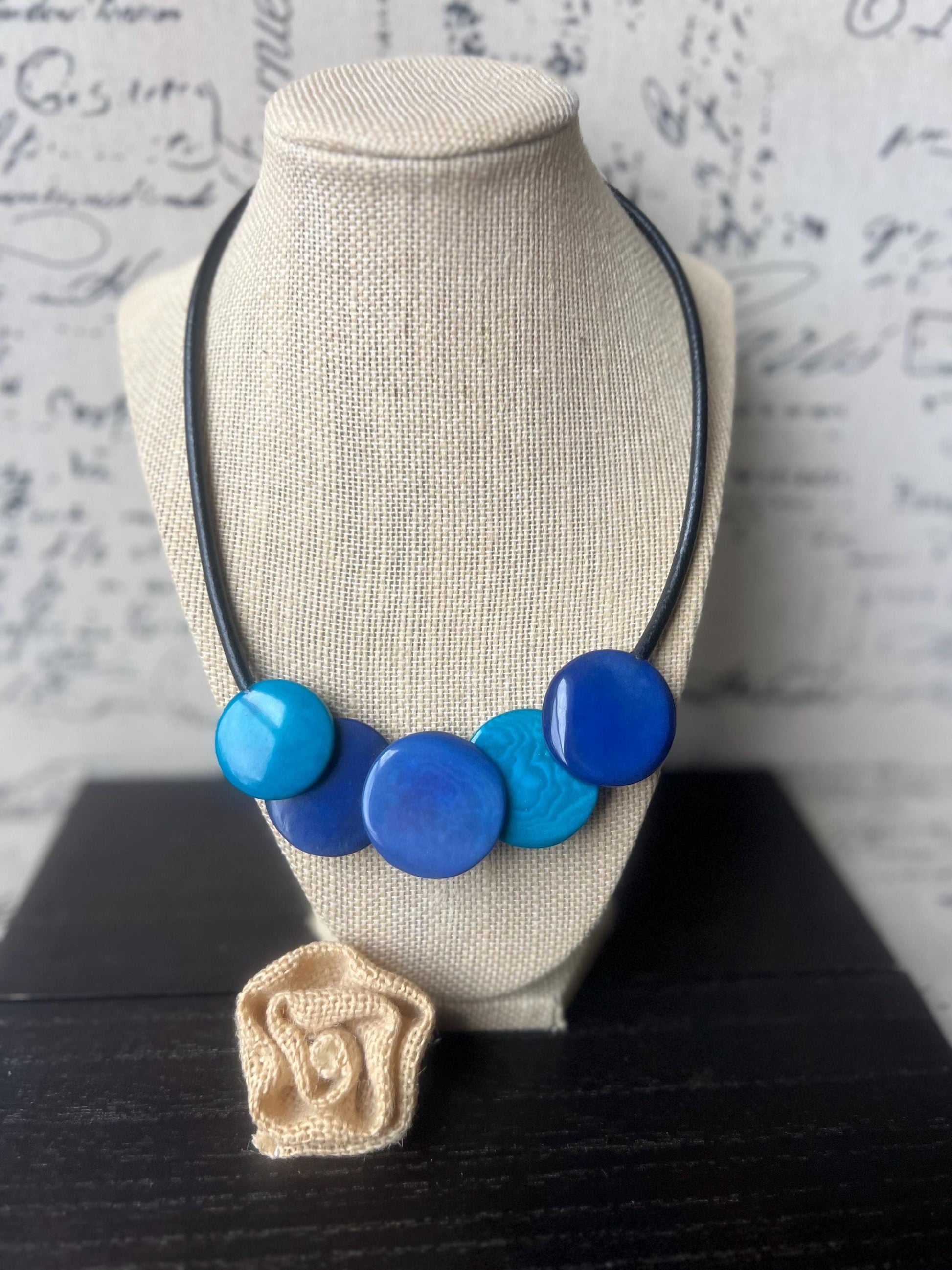Blue tagua necklace.
Statement tagua necklace.
Bold beaded necklace.