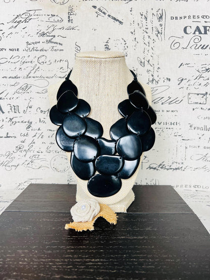 Black multi layer beaded necklace Adjustable cord Tagua jewelry Big bold necklaces Statement bead necklace Wearable art Spring fashion 2025