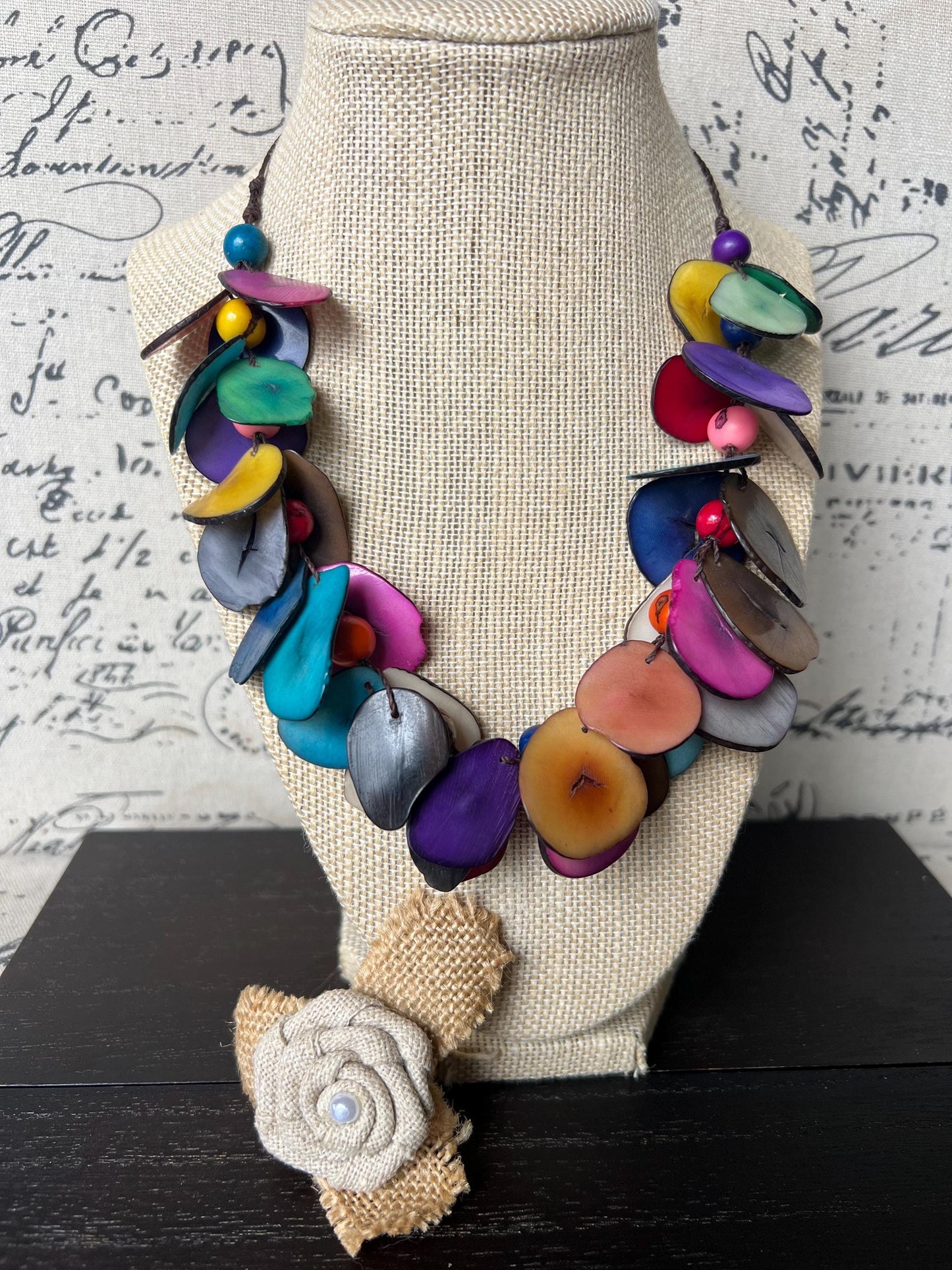 Rainbow beaded necklace Tagua jewelry Handmade statement necklace Adjustable cord Wearable art Multi color handmade necklace Summer fashion