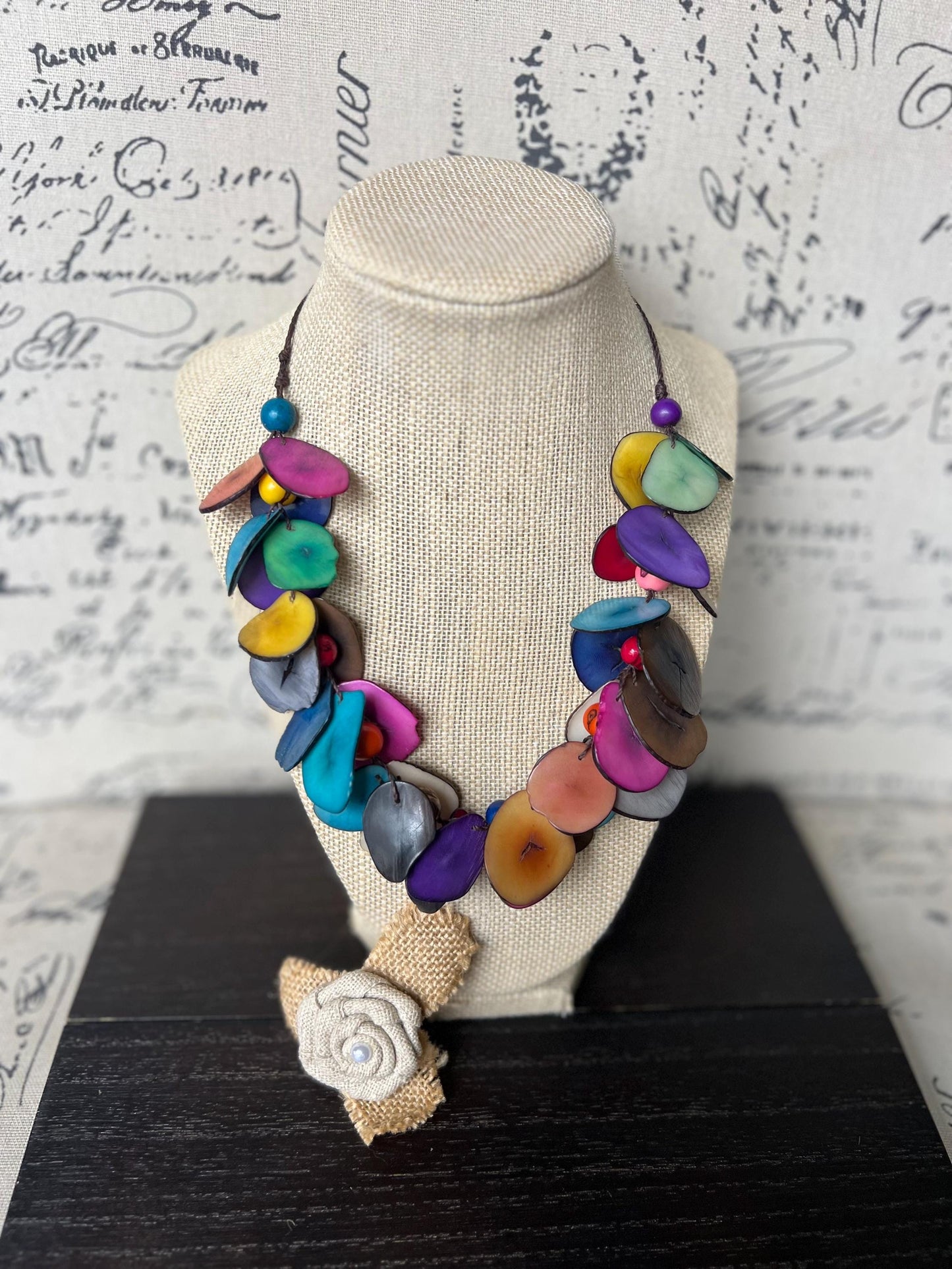 Rainbow beaded necklace Tagua jewelry Handmade statement necklace Adjustable cord Wearable art Multi color handmade necklace Summer fashion