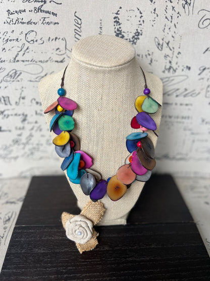 Rainbow beaded necklace Tagua jewelry Handmade statement necklace Adjustable cord Wearable art Multi color handmade necklace Summer fashion