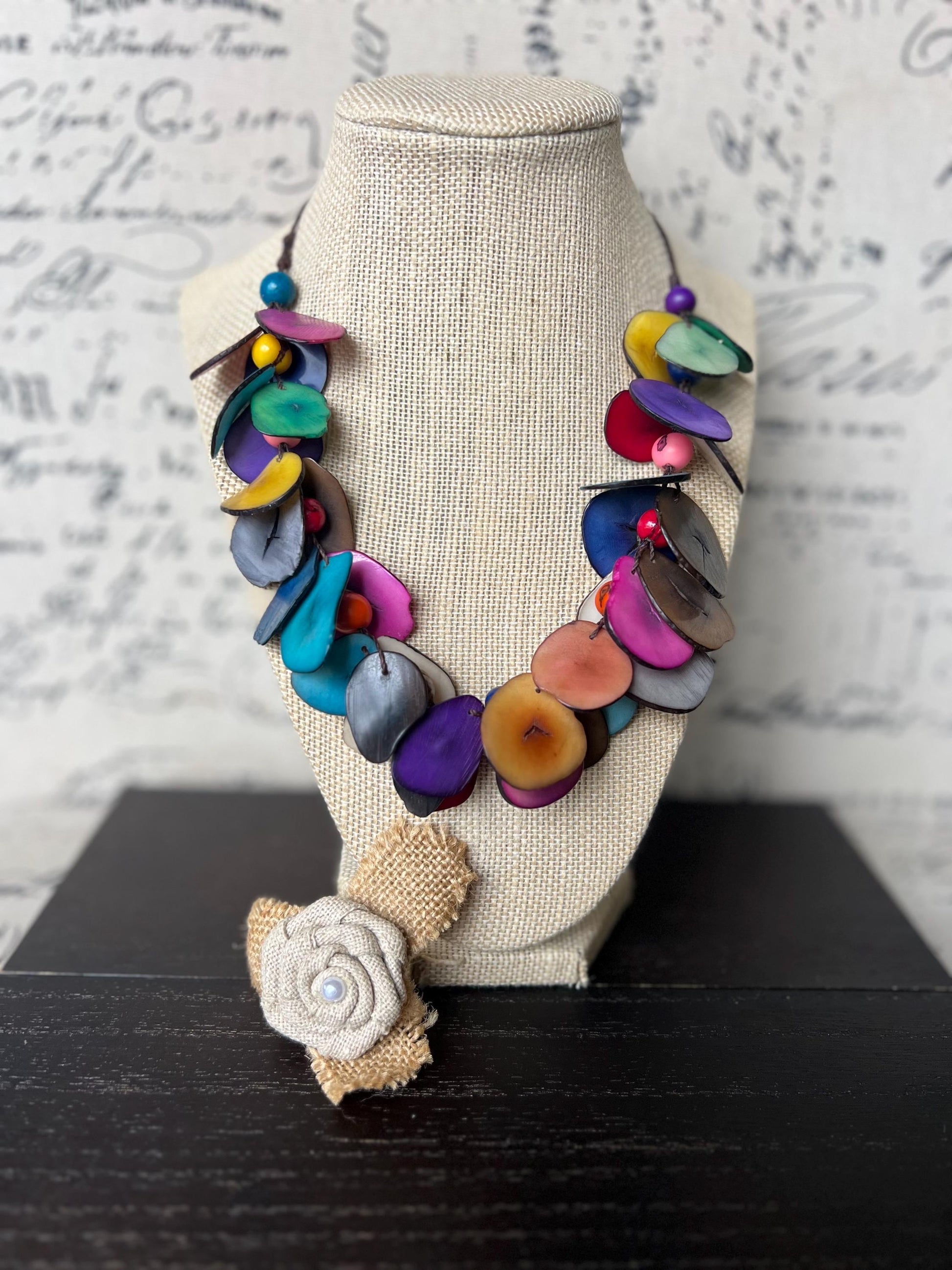 Rainbow beaded necklace Tagua jewelry Handmade statement necklace Adjustable cord Wearable art Multi color handmade necklace Summer fashion