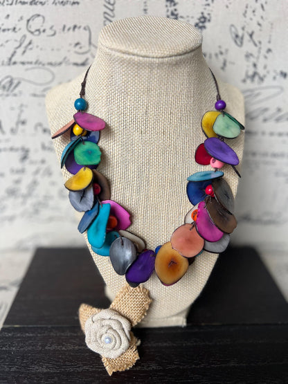 multi color necklace.
Tagua nut necklace. Rainbow beaded necklace.