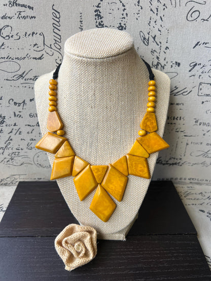 Yellow statement necklace Geometric necklace chunky Adjustable cord Tagua jewelry Beaded necklaces Wearable art Cruise wear Artsy gifts