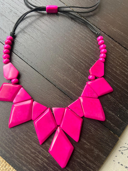 Hot pink statement necklace Tagua nut jewelry Art to wear Geometric necklace chunky Adjustable cord Beaded necklaces Mother’s Day gifts