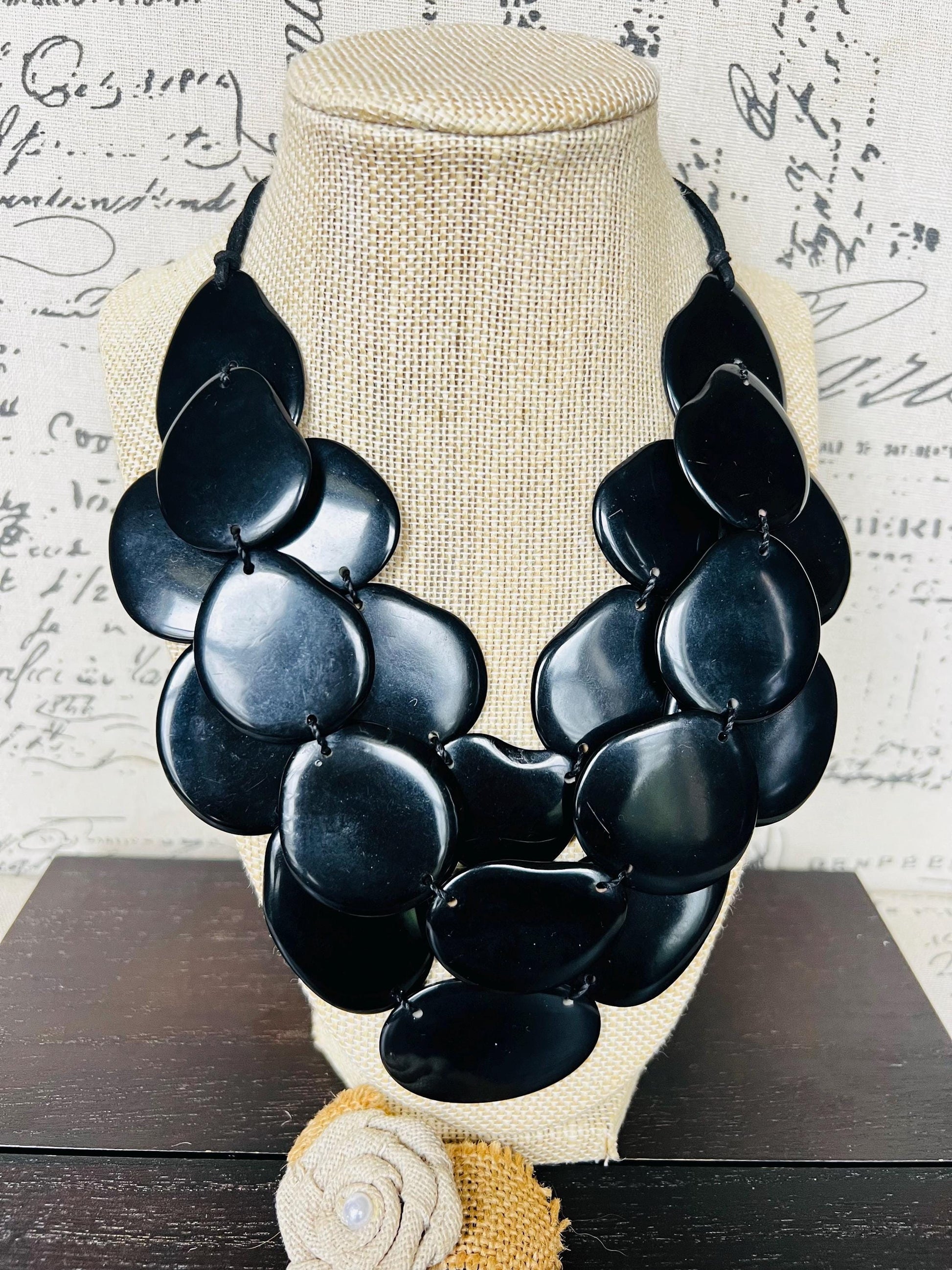 Black multi layer beaded necklace Adjustable cord Tagua jewelry Big bold necklaces Statement bead necklace Wearable art Spring fashion 2025