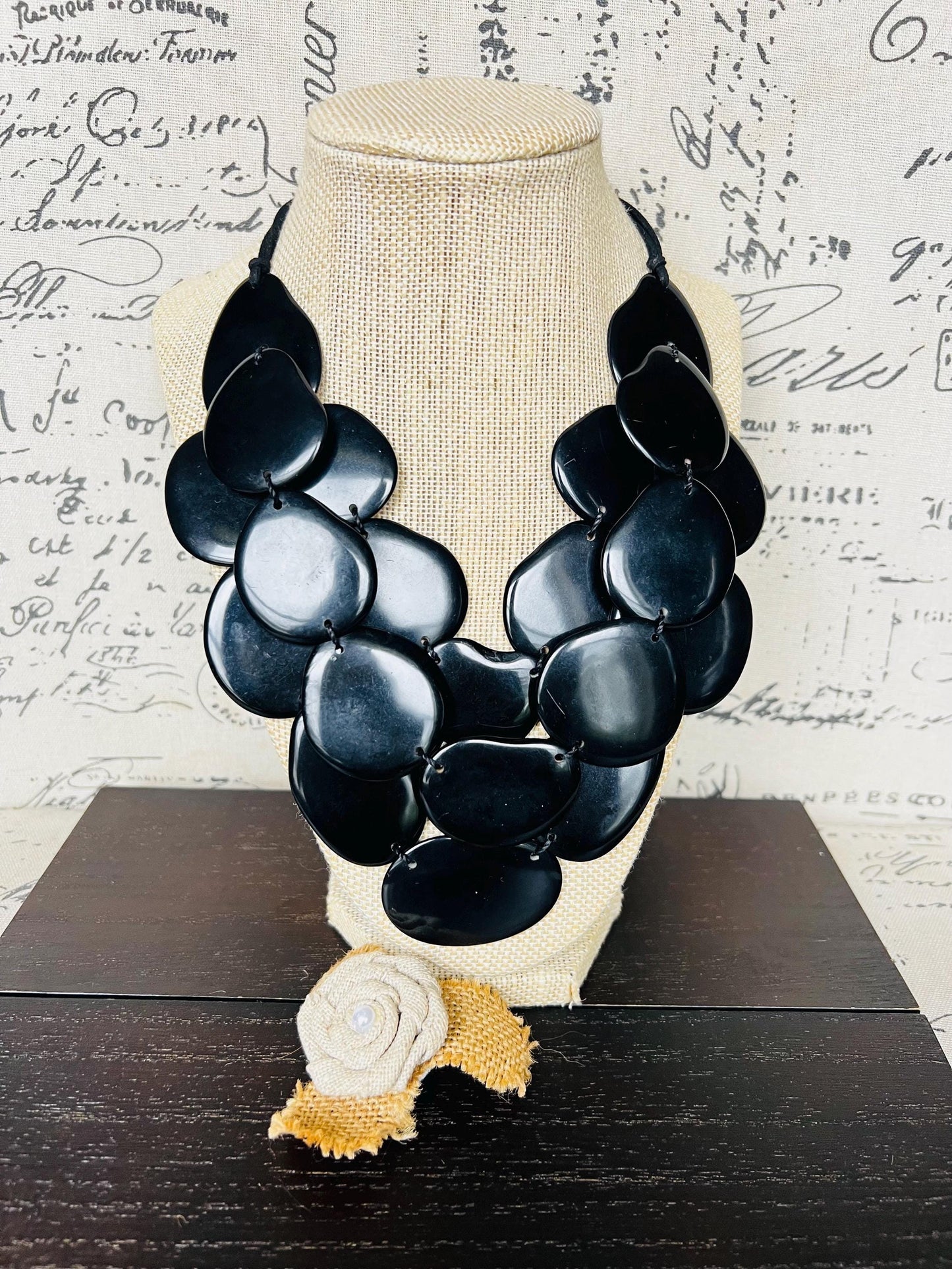 Black multi layer beaded necklace Adjustable cord Tagua jewelry Big bold necklaces Statement bead necklace Wearable art Spring fashion 2025