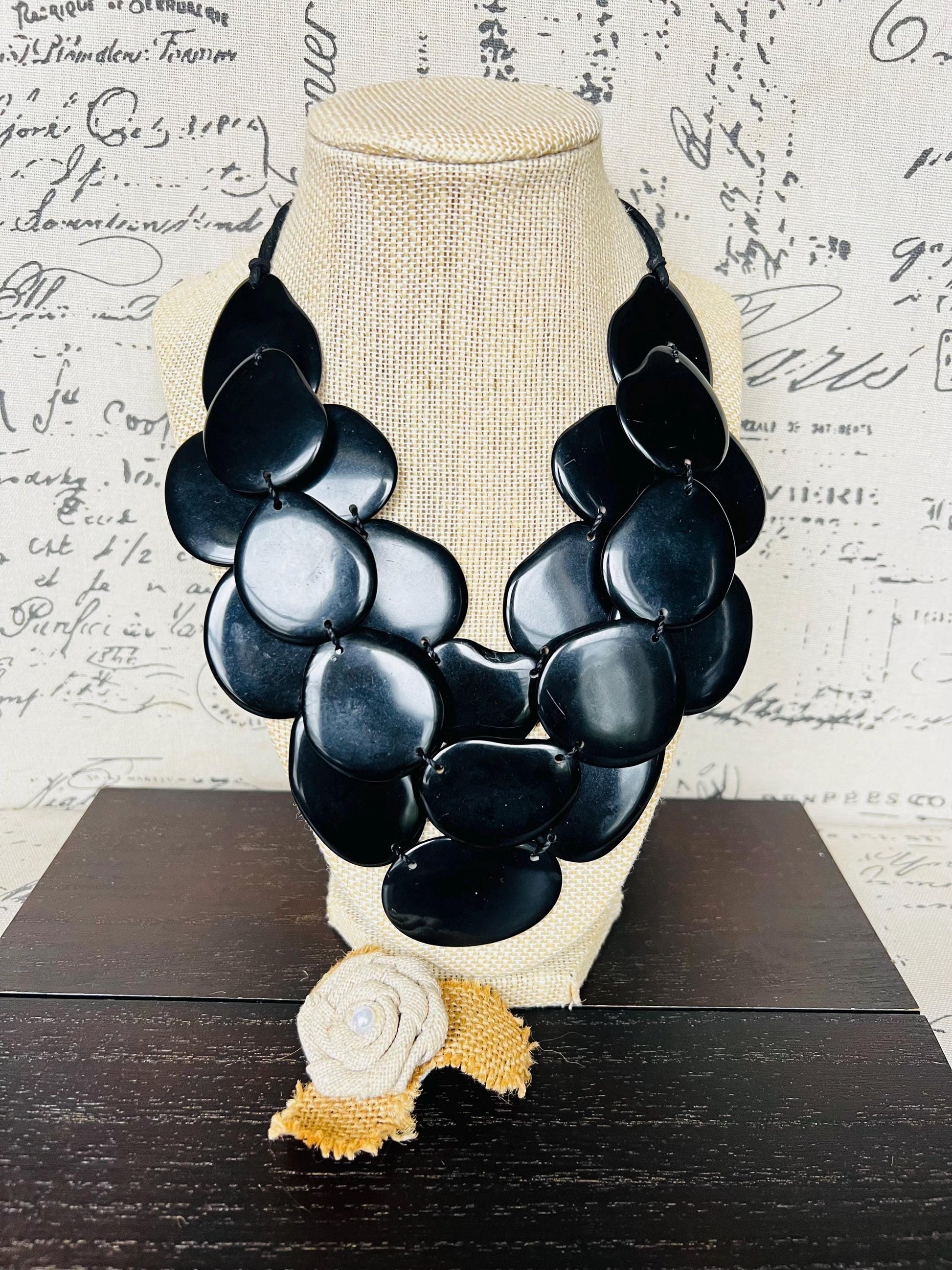 Black multi layer beaded necklace Adjustable cord Tagua jewelry Big bold necklaces Statement bead necklace Wearable art Spring fashion 2025