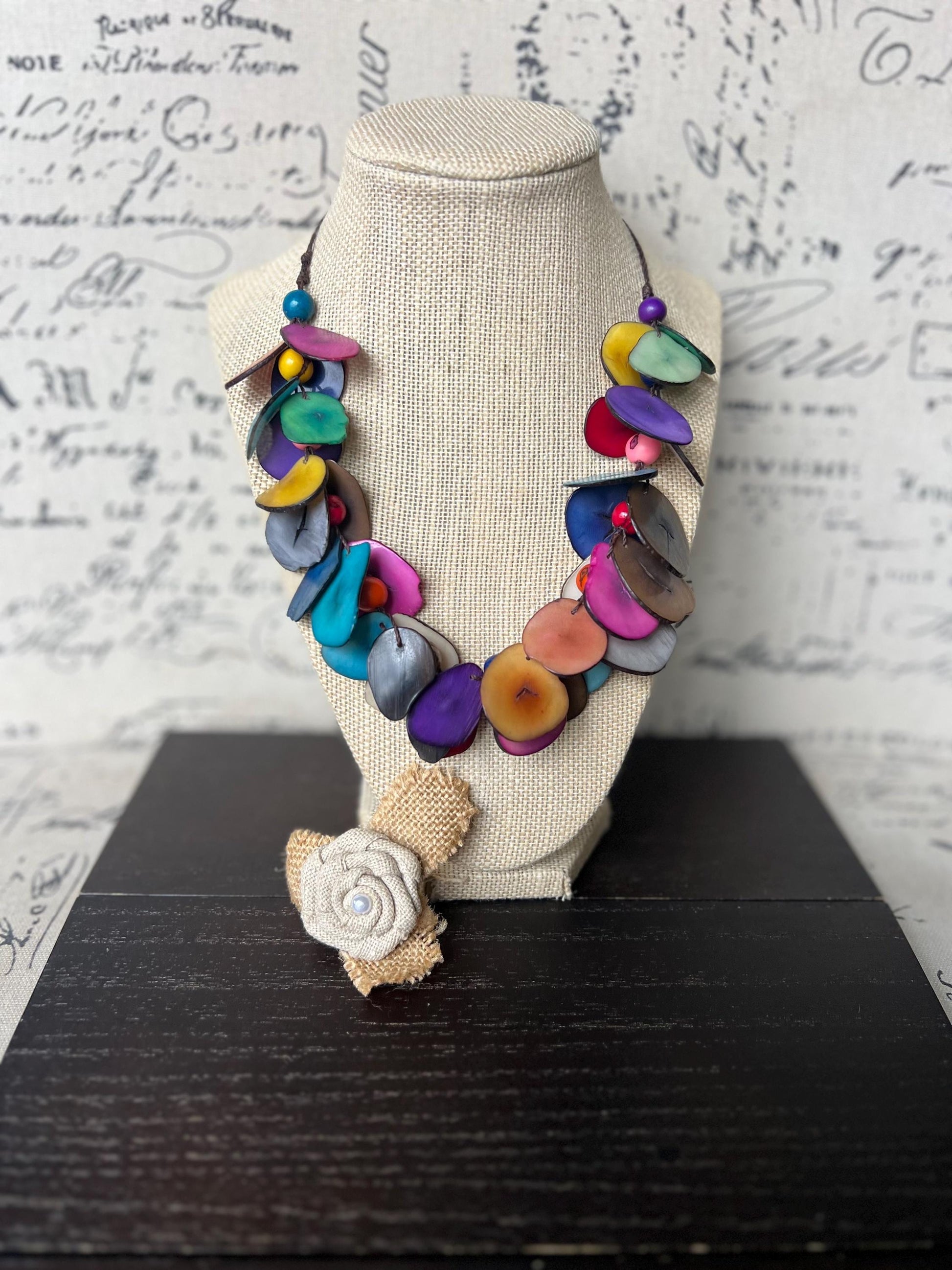 Rainbow beaded necklace Tagua jewelry Handmade statement necklace Adjustable cord Wearable art Multi color handmade necklace Summer fashion