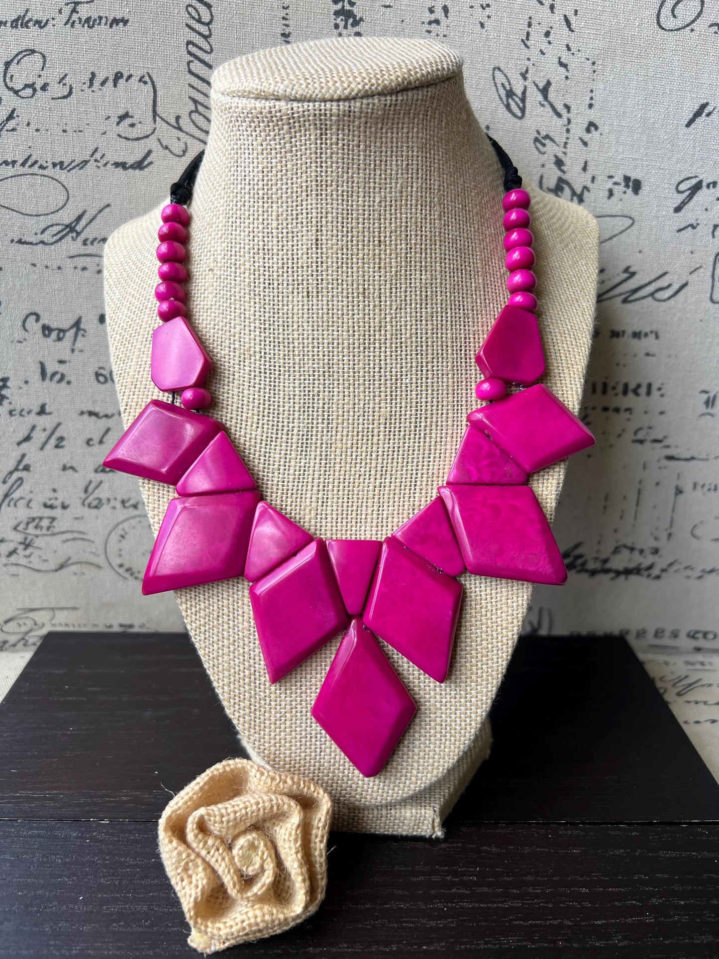 Hot pink statement necklace Tagua nut jewelry Art to wear Geometric necklace chunky Adjustable cord Beaded necklaces Mother’s Day gifts