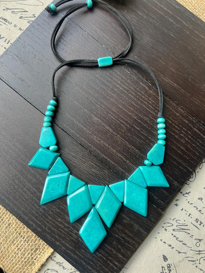 Teal statement necklace Tagua nut jewelry Art to wear Geometric necklace chunky Adjustable cord Mother’s Day gifts Handmade beaded necklace