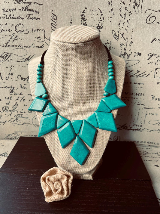 Teal statement necklace Tagua nut jewelry Art to wear Geometric necklace chunky Adjustable cord Mother’s Day gifts Handmade beaded necklace