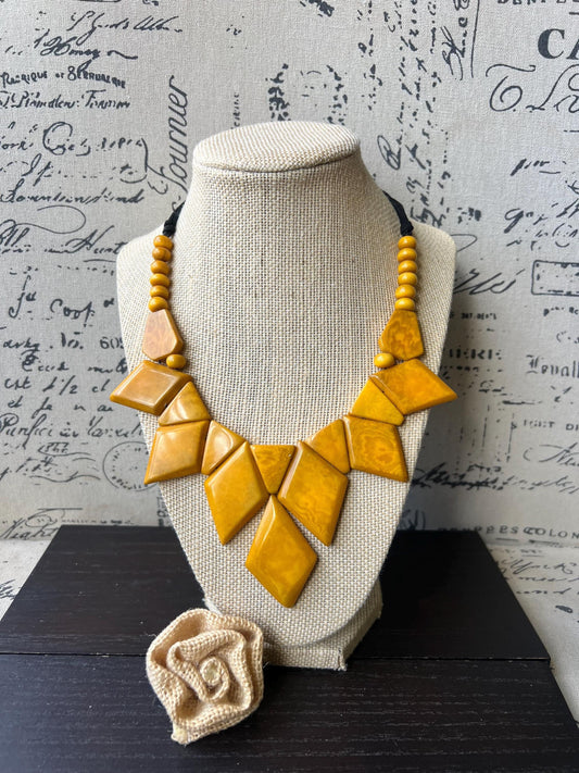Yellow statement necklace Geometric necklace chunky Adjustable cord Tagua jewelry Beaded necklaces Wearable art Cruise wear Artsy gifts